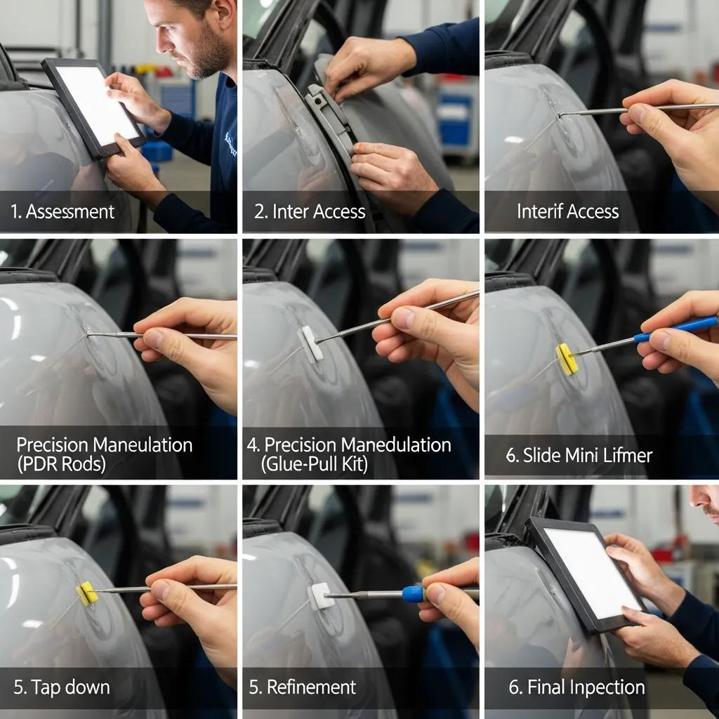 Step-by-step process of paintless dent repair with tools and technician in a repair shop