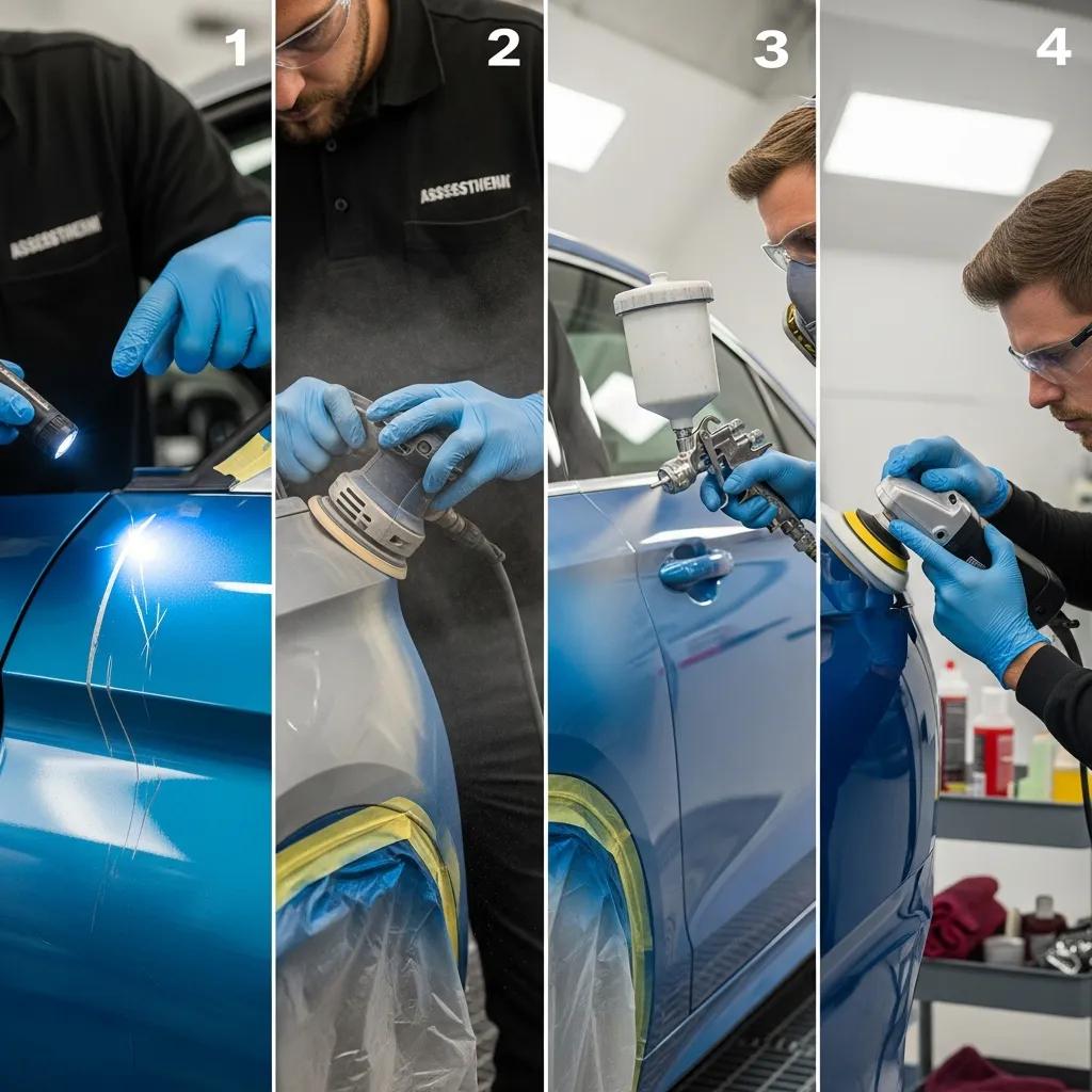 Step-by-step car scratch and scuff removal process: assessing damage with a flashlight, surface preparation with sanding, applying paint with a spray gun, and polishing the finish for restoration.