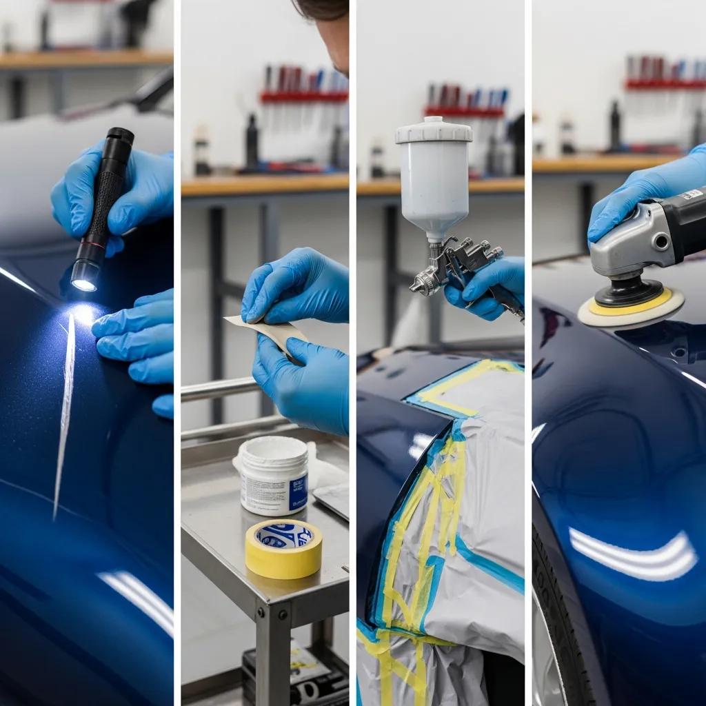Staged repair steps showing sanding, masking and painting in a workshop