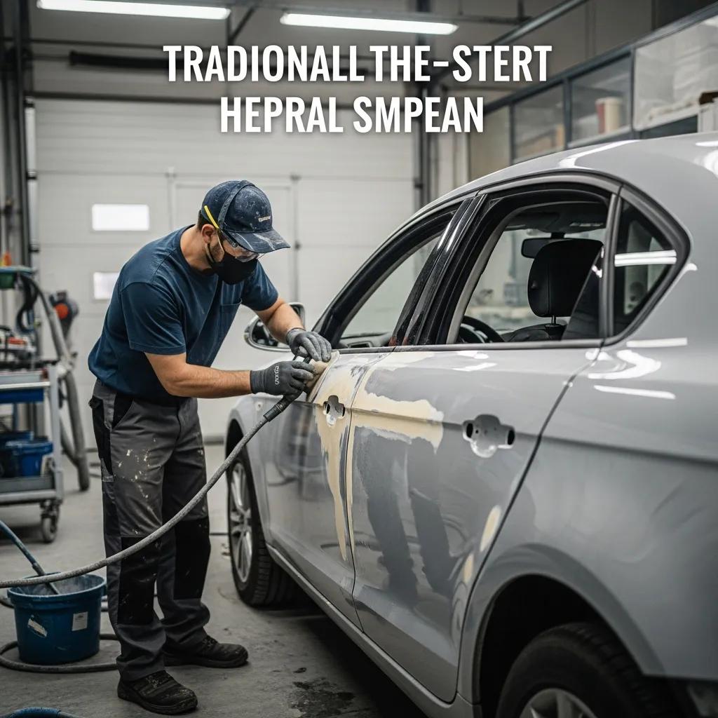 Technician applying body filler during the traditional dent repair process, showcasing the steps involved in conventional repairs
