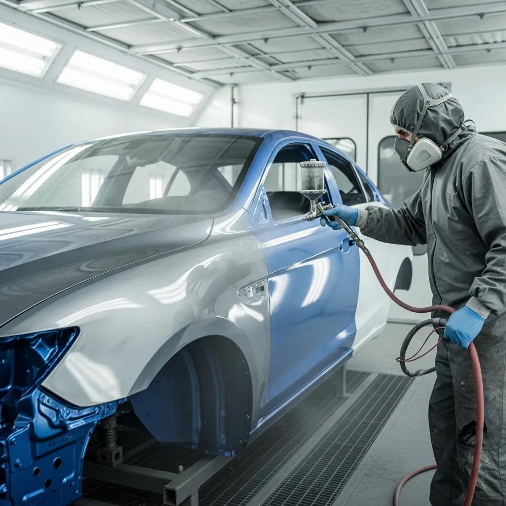 Technician applying clear coat during multi-stage car painting process in a controlled spray booth.
