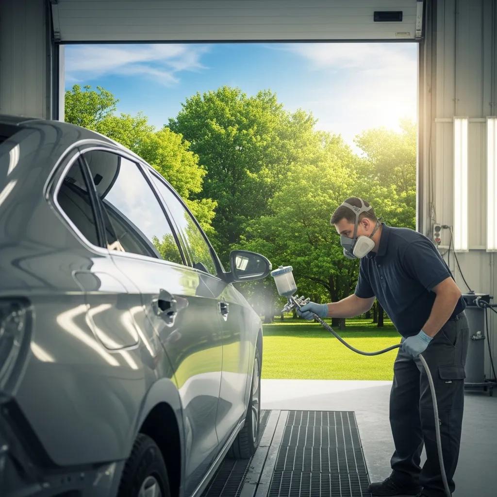 Technician applying low-VOC water-based paint to a vehicle in an eco-friendly auto body repair shop, highlighting sustainable practices and a clean environment.