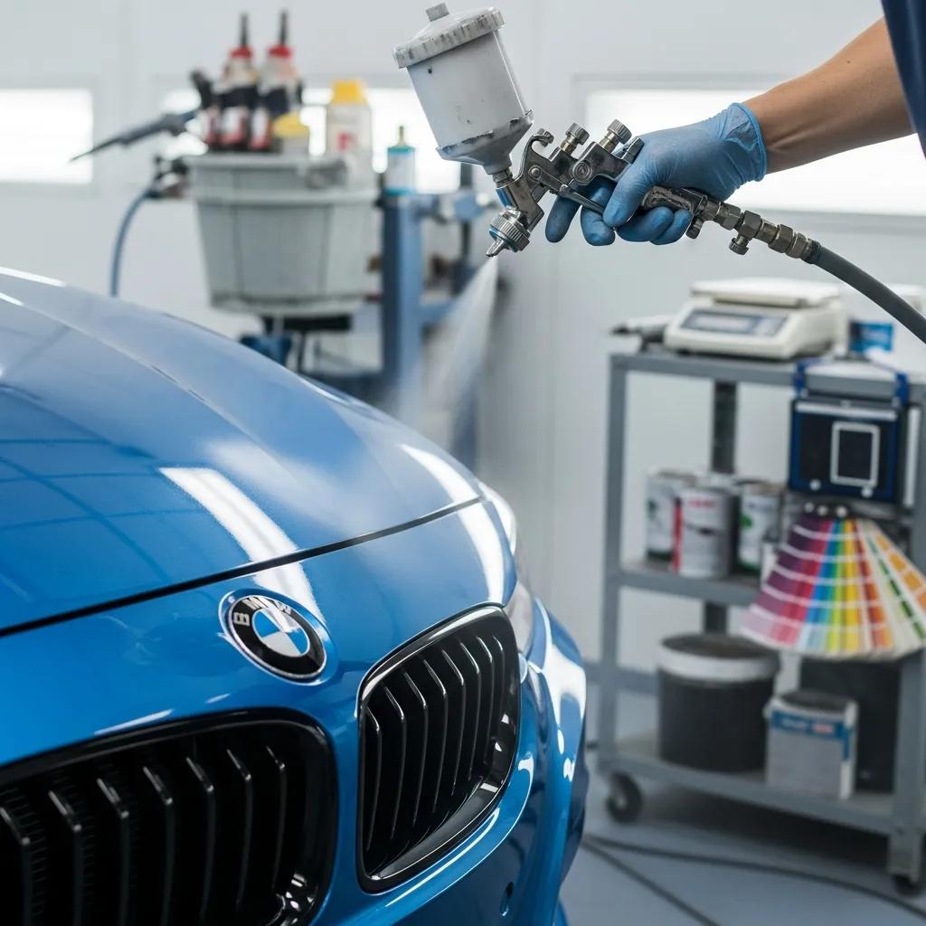Technician applying paint to a BMW 3 Series, showcasing color matching tools and a controlled environment for factory-quality finish restoration.