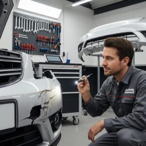 Technician assessing a damaged car bumper in an auto repair shop