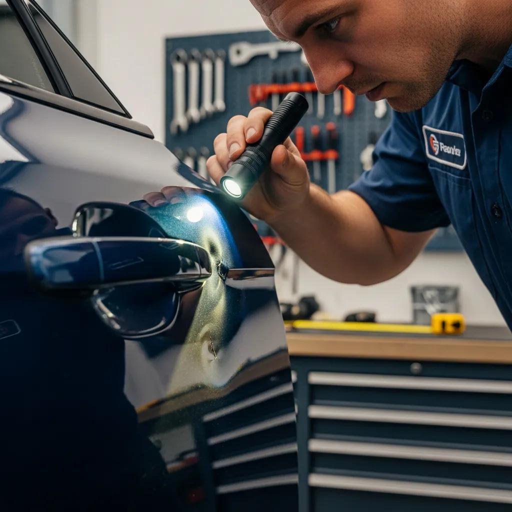 Technician evaluating a shallow car door dent to determine paintless dent repair suitability