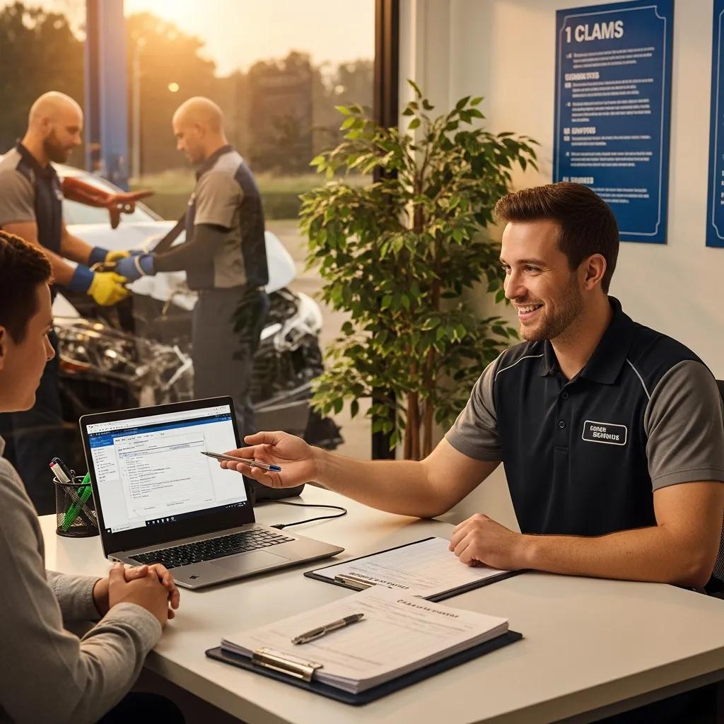 Technician assisting a customer with insurance claims process at Prime Time Collision Center, showing laptop screen with documentation, auto body shop setting in background, emphasizing customer service and support in collision repair.