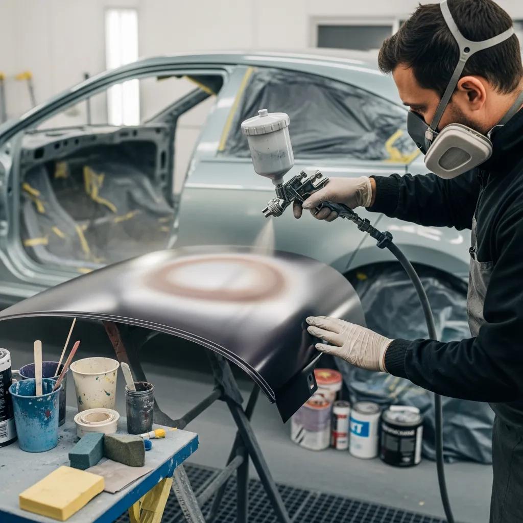 Technician feathering paint on a car panel to blend color seamlessly