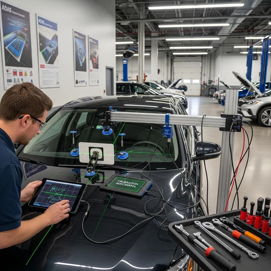 Technician calibrating ADAS systems after a windshield replacement at Prime Time