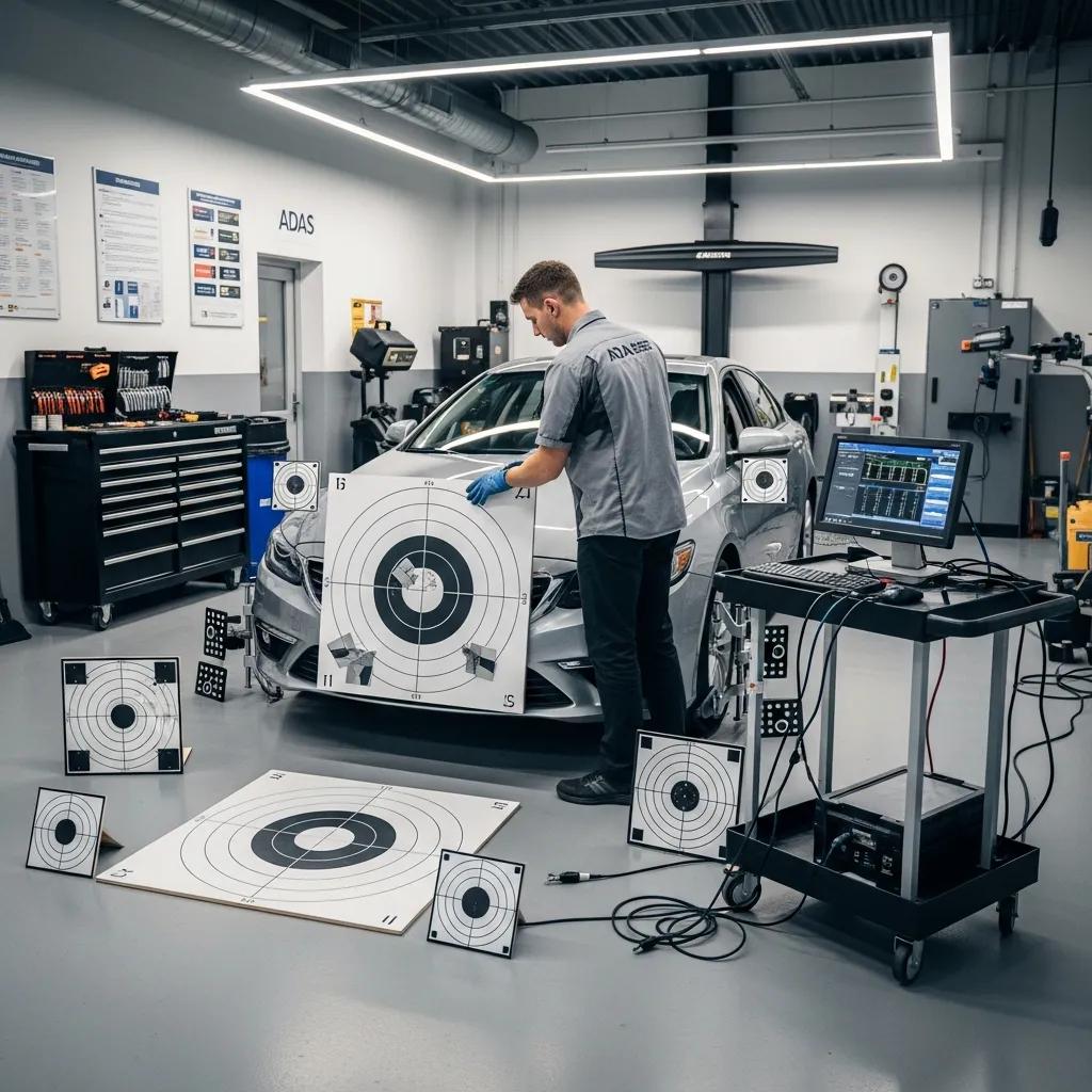Technician calibrating Advanced Driver Assistance Systems in a modern auto repair shop