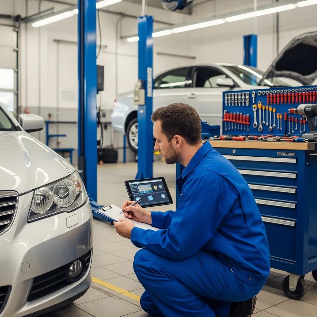Technician at Prime Time Collision performing a damage assessment