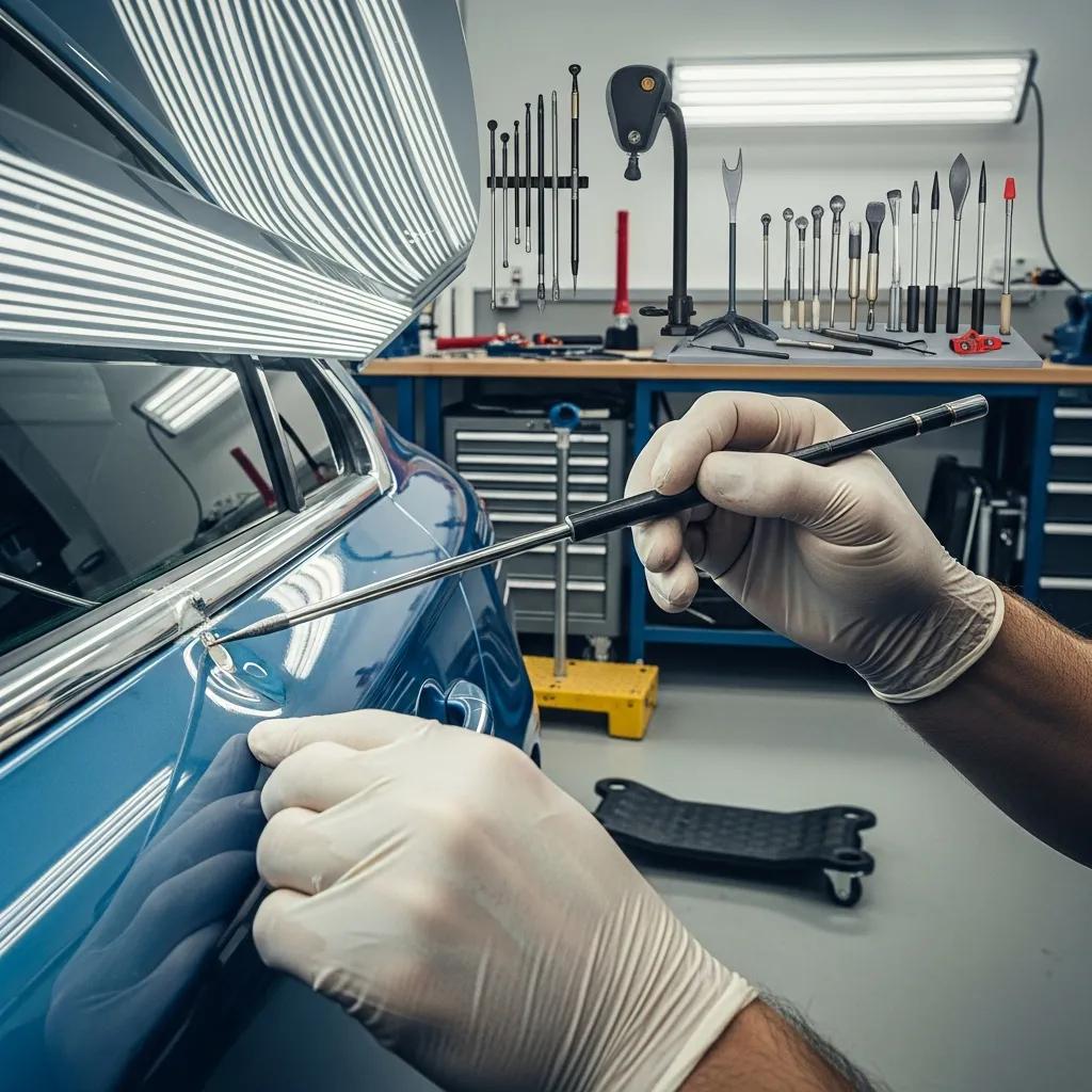 Technician performing paintless dent repair using specialized tools on a blue car in a workshop setting, showcasing the PDR process and equipment.