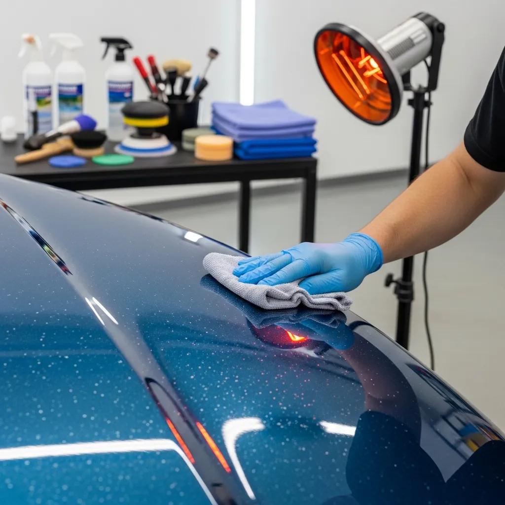 Technician inspecting a freshly painted panel to explain the curing process