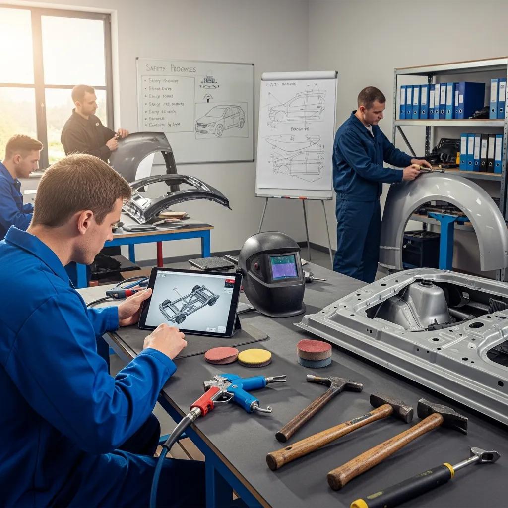 Technician engaged in I-CAR training session for auto body repair, using tablet for structural analysis, with tools and equipment on workbench, emphasizing role-specific instruction and repair quality.