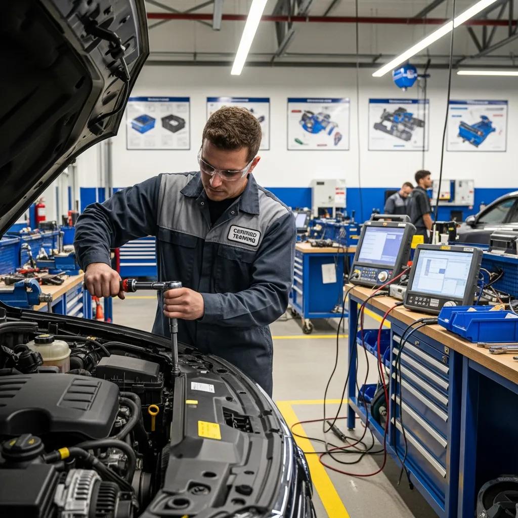 Technician completing I‑CAR training in a modern workshop