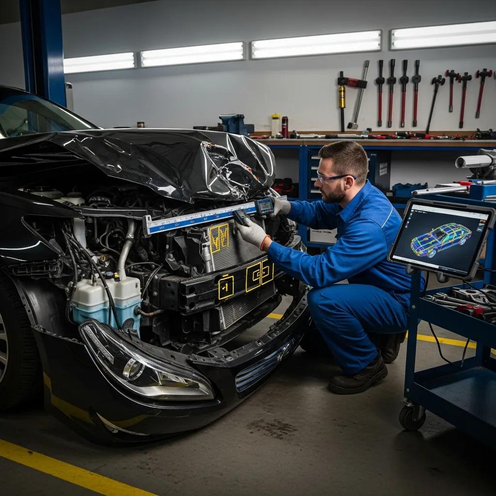 Technician inspecting a vehicle for structural damage with diagnostic tools