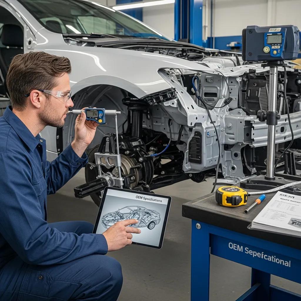 Technician inspecting a vehicle frame to ensure OEM repair standards and safety