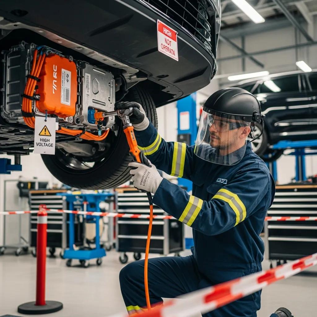 Technician isolating a high-voltage battery pack during repair