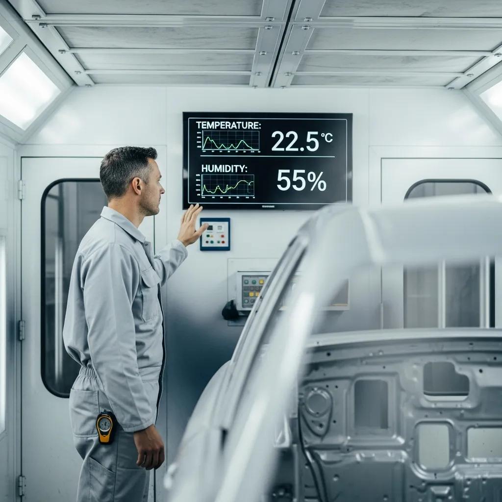 Technician monitoring temperature and humidity levels in a climate-controlled paint booth for optimal automotive paint curing.