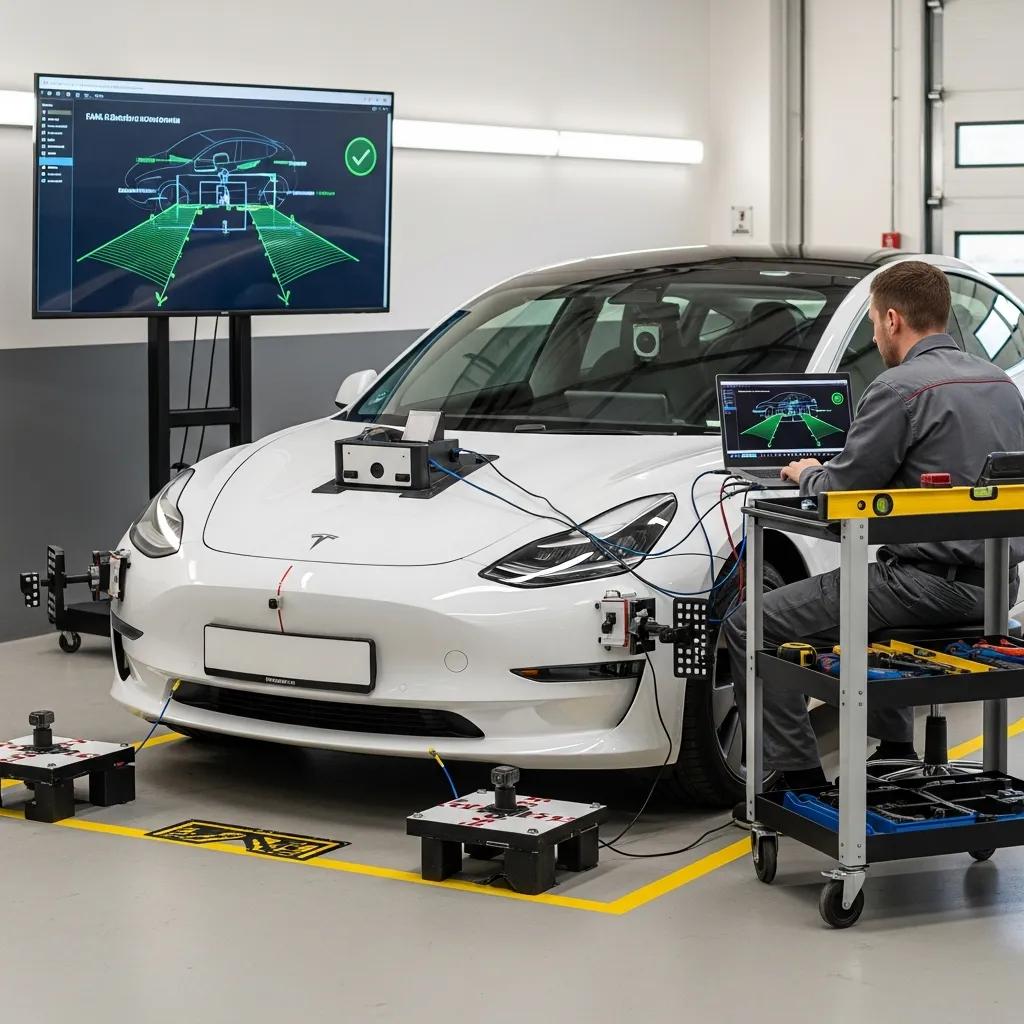 Technician running ADAS calibration on a Tesla to verify sensor alignment and system accuracy
