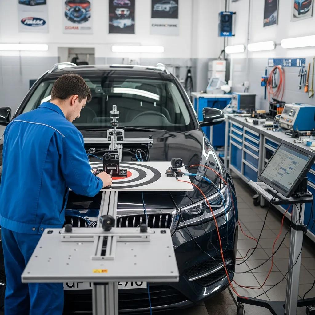 Technician performing ADAS calibration after windshield replacement