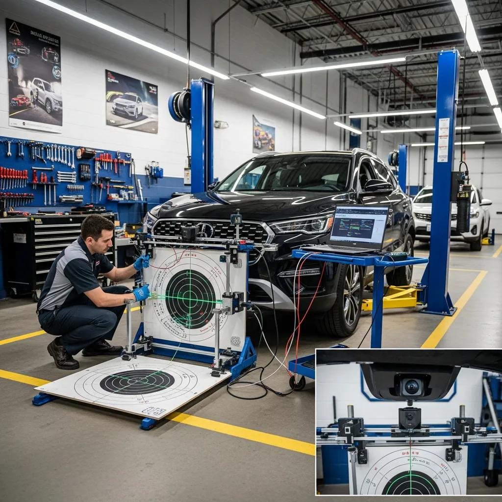 Technician performing ADAS calibration on a vehicle in a repair shop, using a calibration target and diagnostic equipment to ensure proper functionality of blind spot monitoring systems.