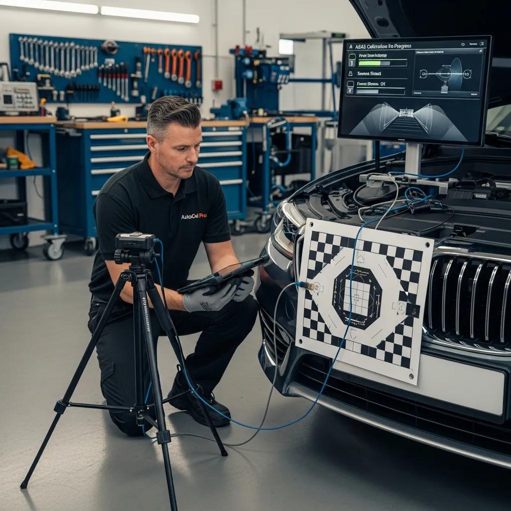 Technician performing ADAS calibration on a vehicle, demonstrating advanced repair technology and safety checks