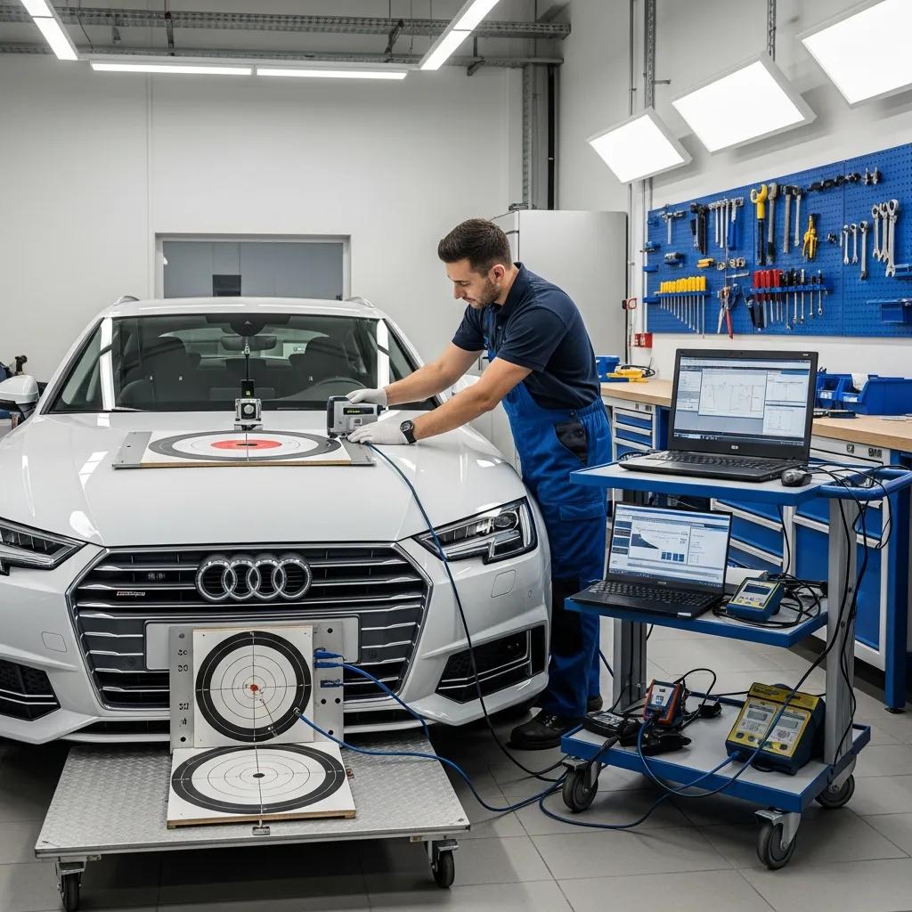 Technician performing ADAS calibration on an Audi A4 in a calibration bay, using precision equipment and targets to ensure proper sensor alignment and functionality.