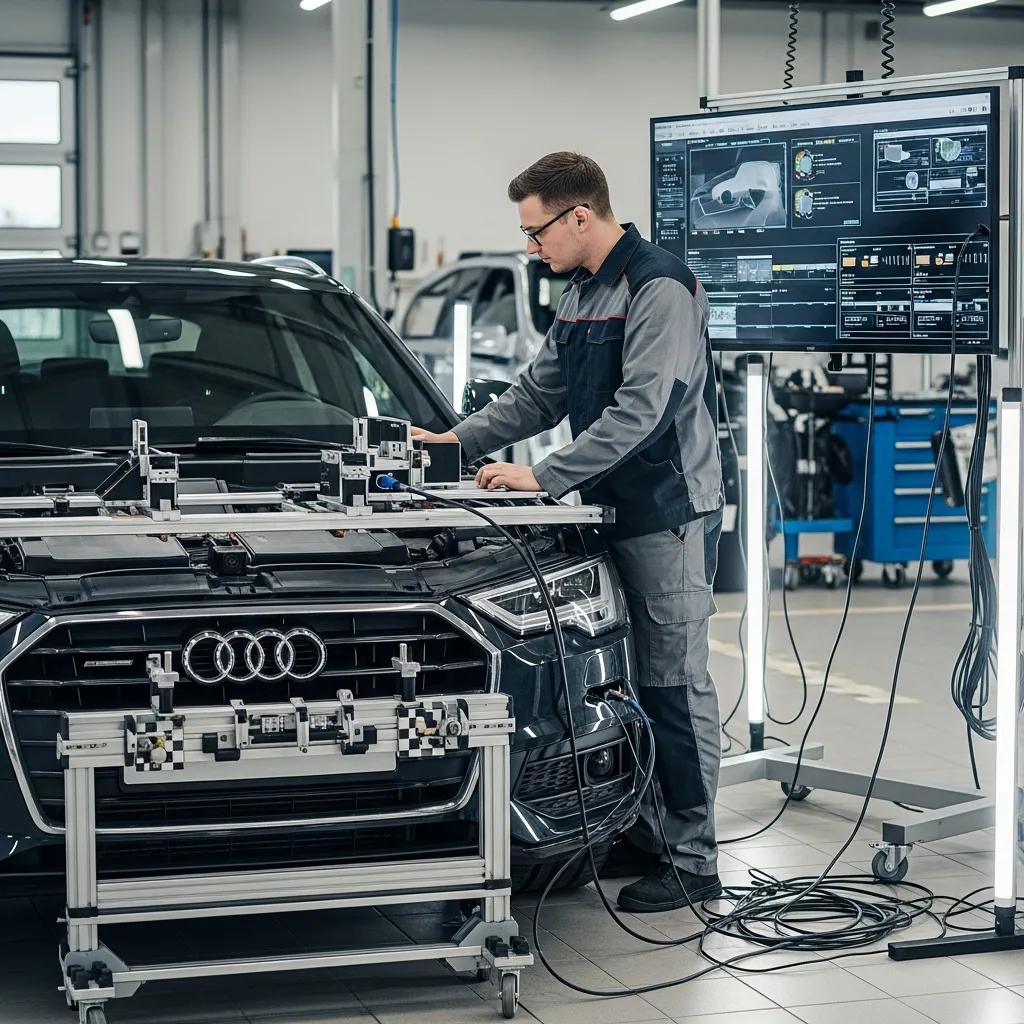 Technician conducting ADAS calibration on an Audi in a modern repair shop