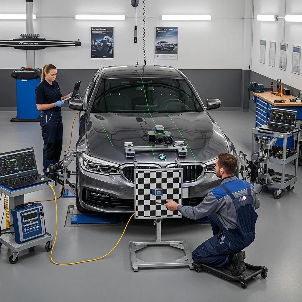 Technician performing ADAS calibration on a BMW &mdash; restoring cameras and sensors to factory alignment