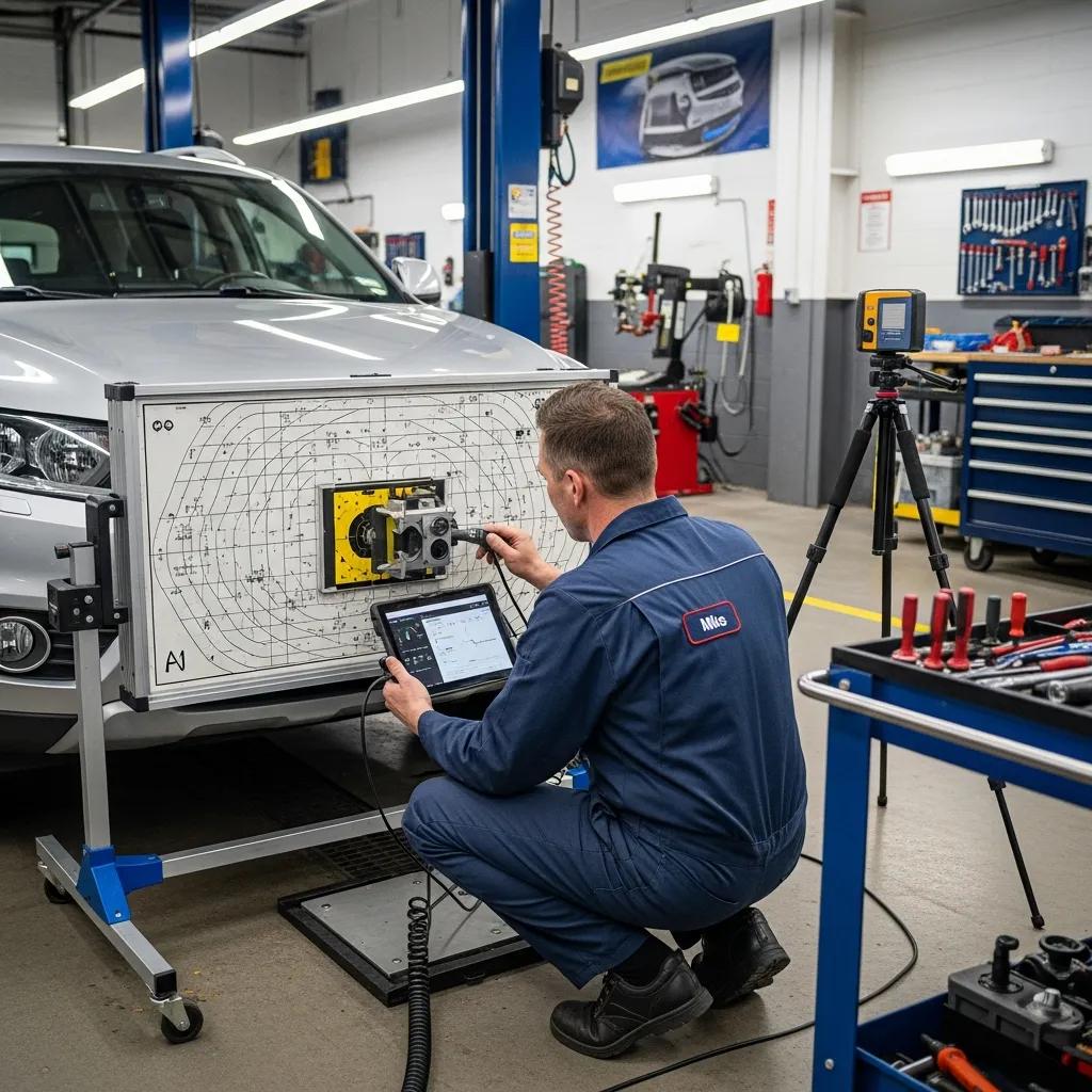 Technician performing ADAS recalibration on a vehicle in a repair shop, using diagnostic equipment and a tablet to ensure proper sensor alignment and functionality.