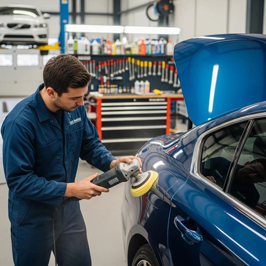 Technician performing clear coat repair on a blue car in a professional auto shop, highlighting paint correction and restoration services.