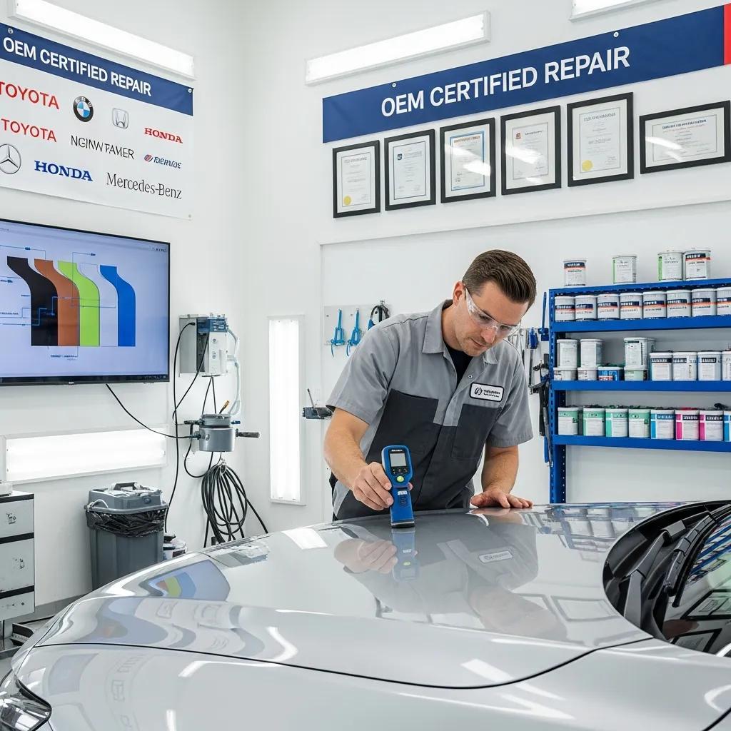 Technician performing OEM certified paint repair on a vehicle, using a measuring tool on a glossy gray car surface, with color samples and repair certifications visible in the background.