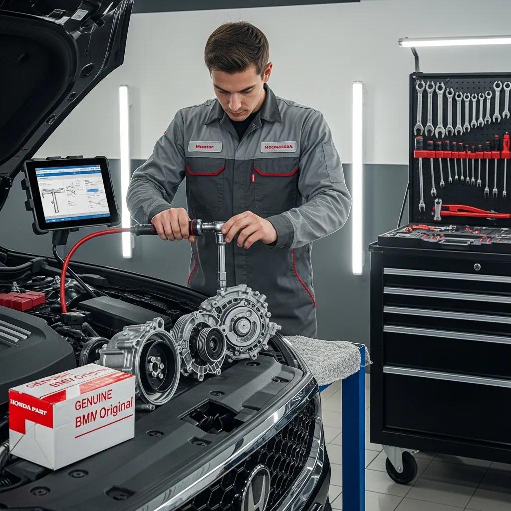 Technician performing OEM-certified repairs on a vehicle engine in a modern repair shop, utilizing specialized tools and following manufacturer procedures for quality assurance.