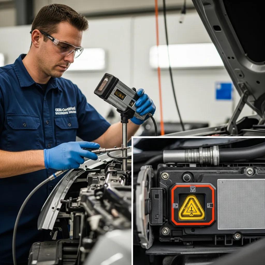 Technician performing OEM‑specified repairs and calibrations on a vehicle