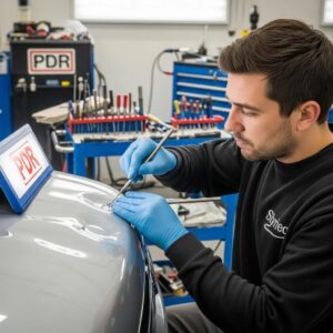 Technician performing Paintless Dent Repair in an auto body shop