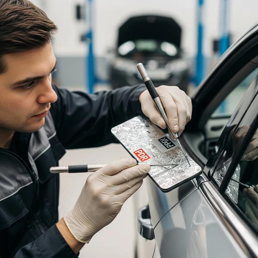 Technician performing paintless dent repair (PDR) on a car door in an auto repair shop, using specialized tools to restore the vehicle's surface.