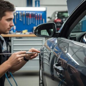 Technician performing paintless dent repair on a car door in a professional auto repair shop