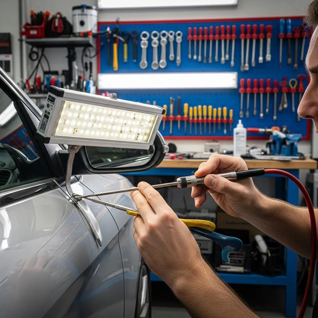 Technician performing paintless dent repair on a car door in an auto body shop