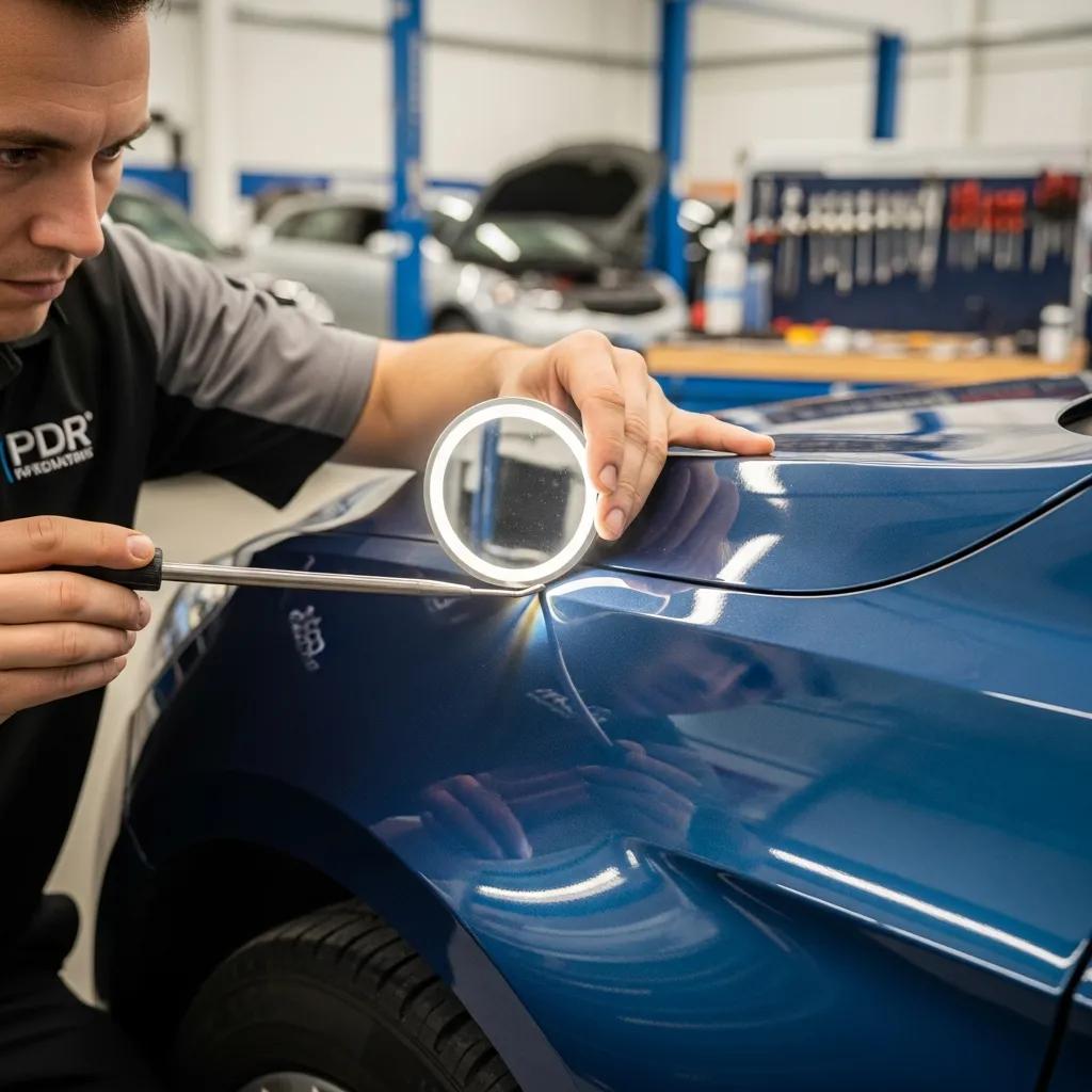 Technician using paintless dent repair tools on a fender at Prime Time Collision