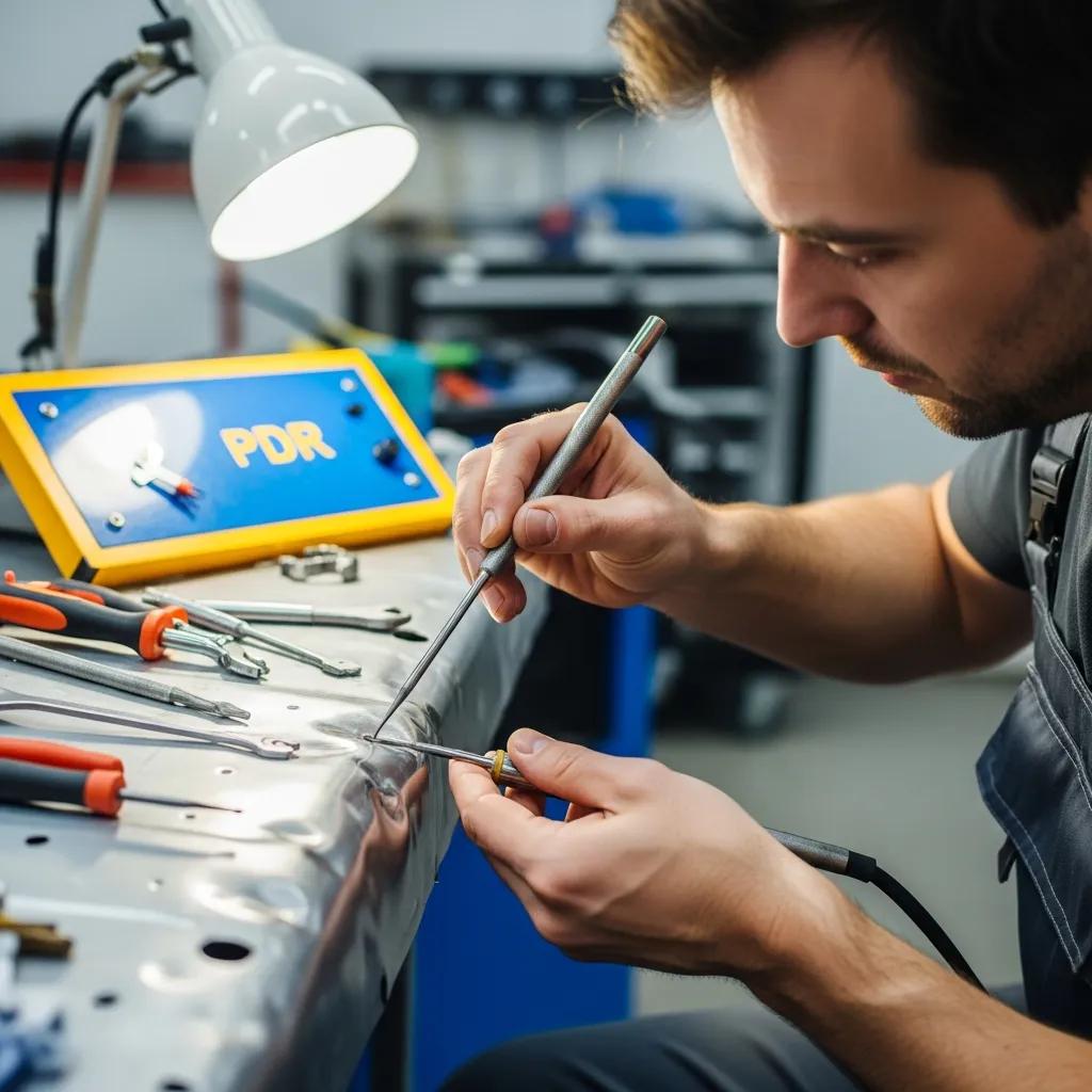 Technician performing paintless dent repair (PDR) on a car, focusing on precision with tools on a metal surface, highlighting the process of non-invasive dent removal.