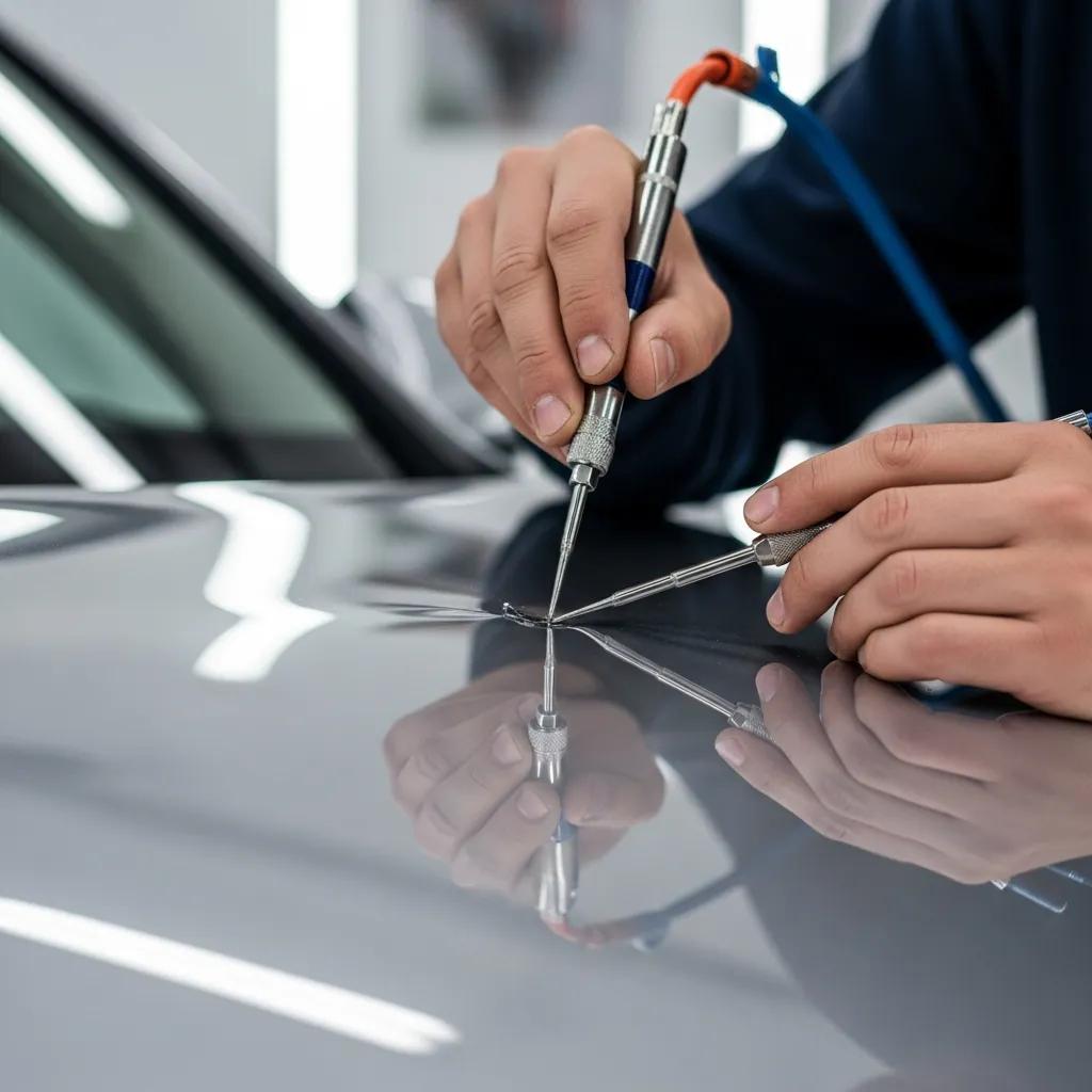 Technician performing paintless dent repair on a car, highlighting the process and tools used