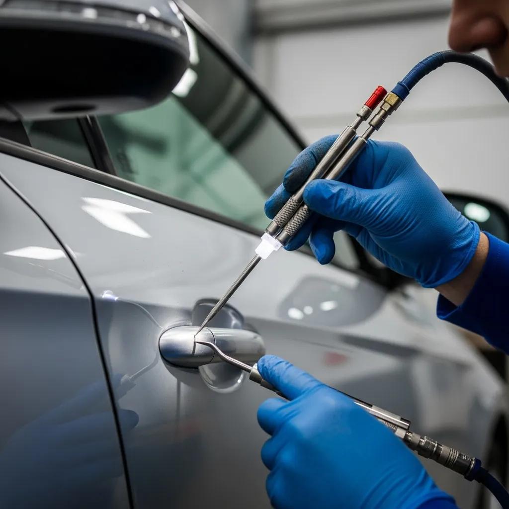 Technician performing paintless dent repair on a car door using specialized tools and techniques, highlighting the restoration process for hail damage.