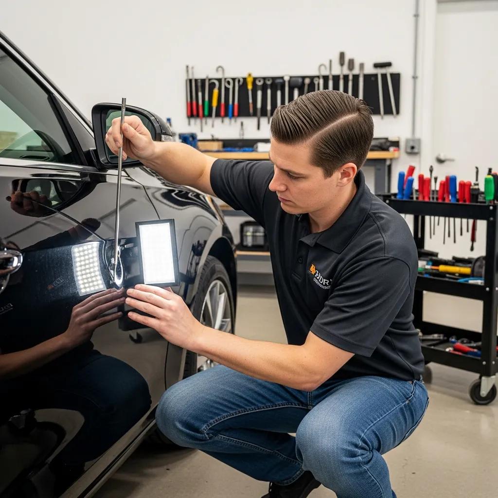 Skilled technician performing paintless dent repair using hand tools and light board