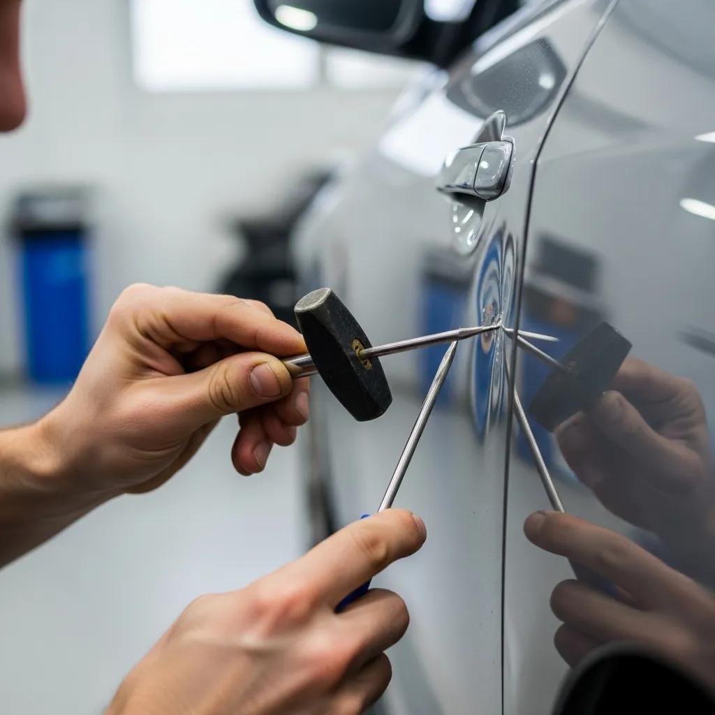 Technician performing paintless dent repair at Prime Time Collision, preserving the vehicle's factory paint