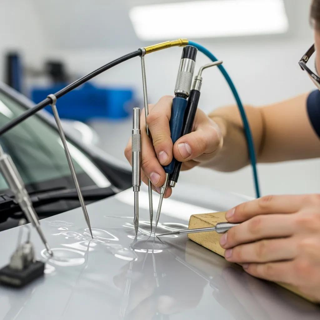 Technician performing Paintless Dent Repair (PDR) on hail-damaged vehicle in professional auto repair shop, showcasing tools and techniques for restoring vehicle appearance and value.
