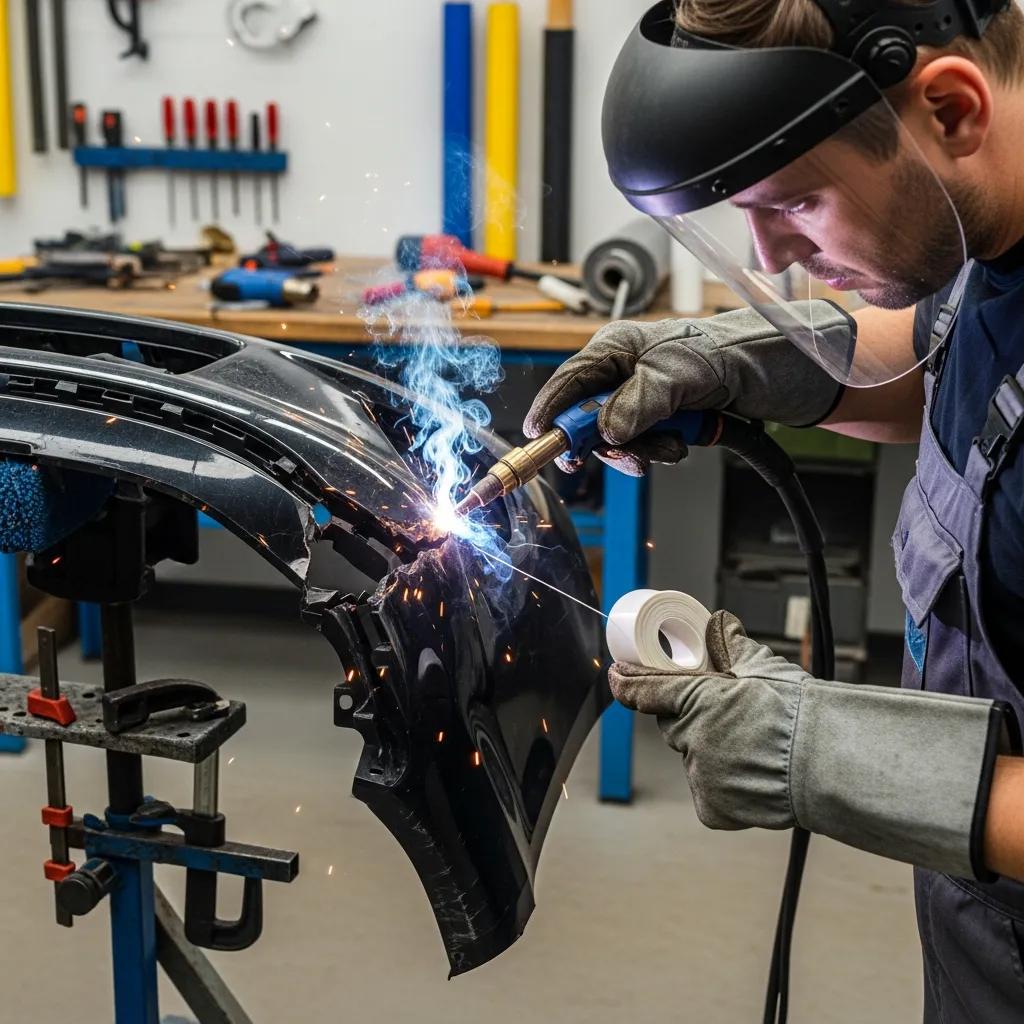 Technician using plastic welding tools to repair a bumper in a shop bay