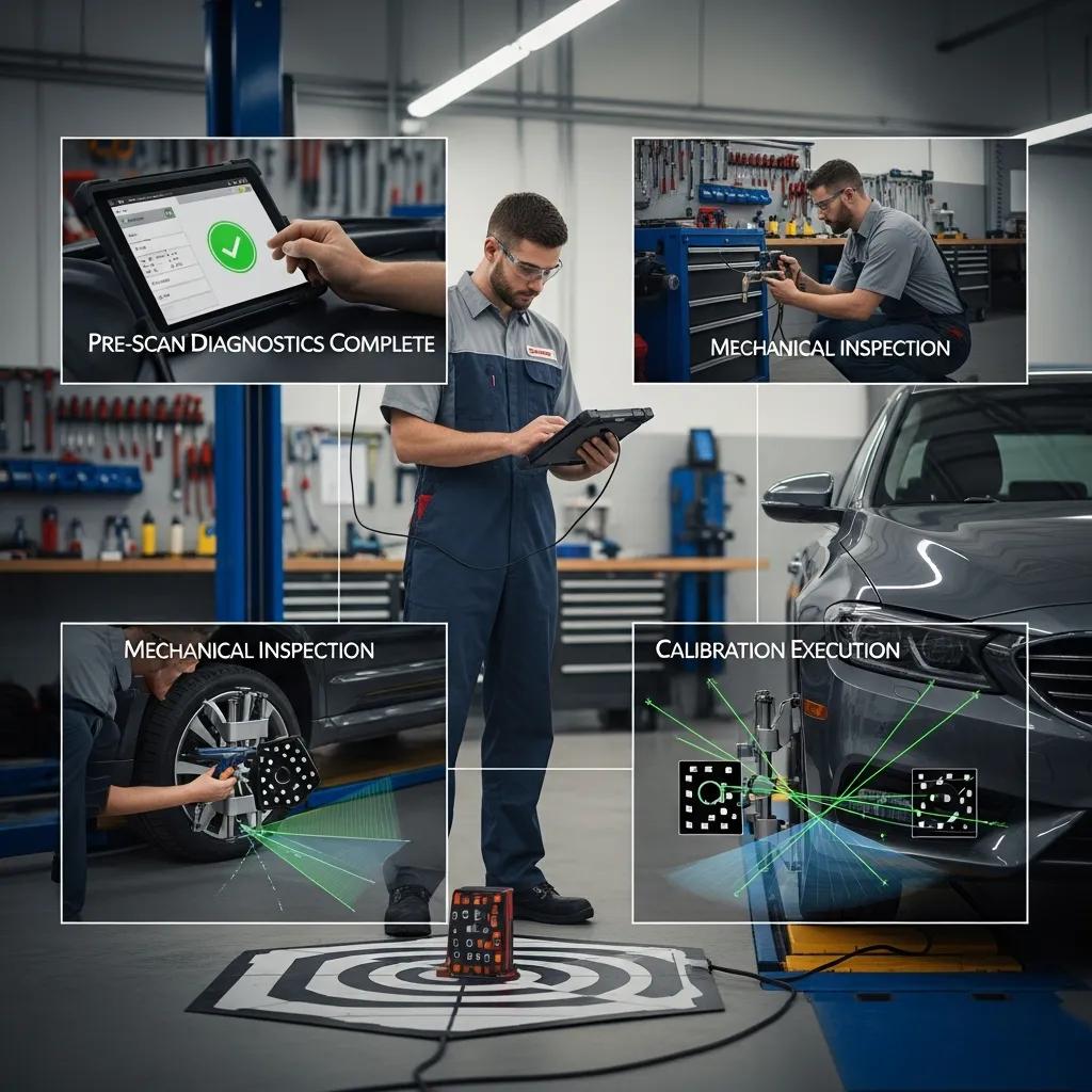 Technician performing step-by-step ADAS calibration on a vehicle