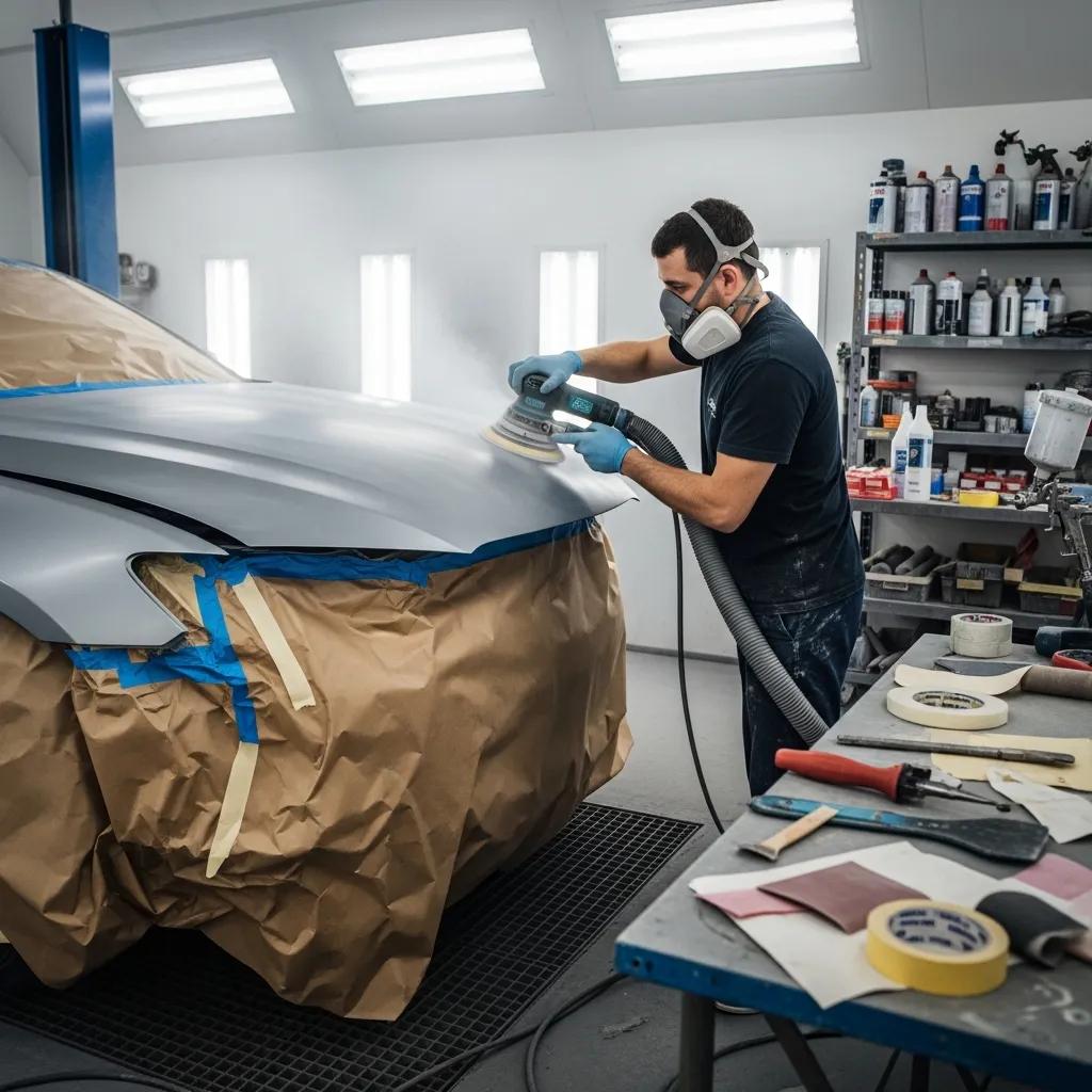 Technician performing surface preparation on a vehicle in a professional auto painting workshop, showcasing sanding techniques and OEM-compliant materials for high-quality finishes.