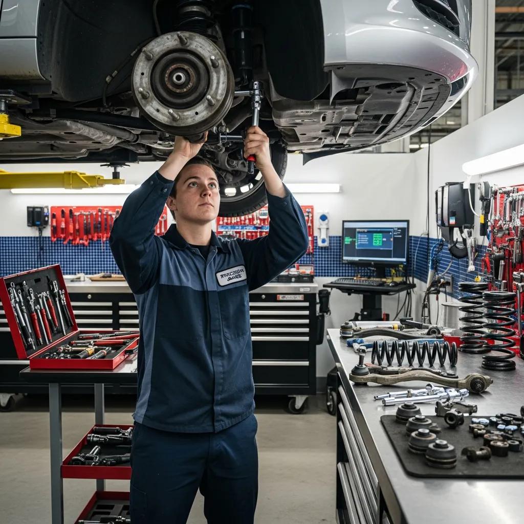 Shop technician working on suspension components in a certified repair facility