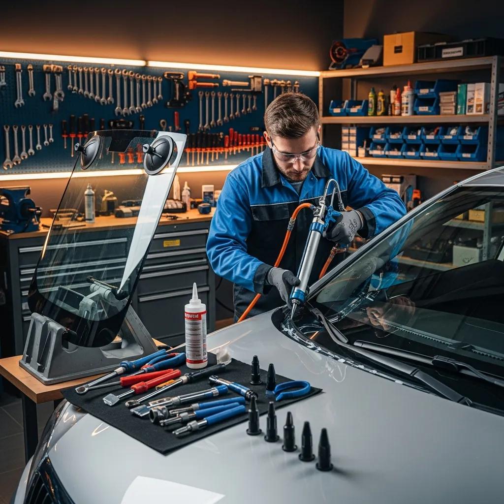 Technician performing windshield replacement in auto repair shop, using adhesive tools and surrounded by repair equipment, emphasizing safety and expertise in post-collision repairs.